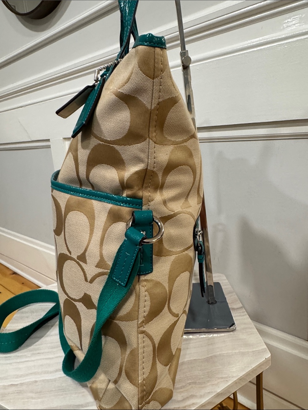 Coach Bag Oversized Signature Green Tan Stripe Foldover Tote EUC RARE - Picture 6 of 17
